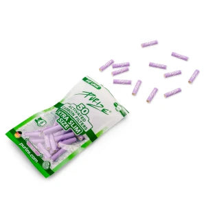 Purize XTRA Slim aktivkohlefilter in a 50-pack, featuring purple filters designed for enhanced smoking experience.