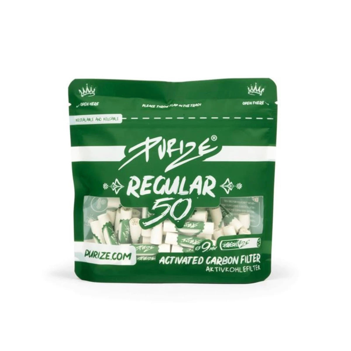 PURIZE 9mm regular size activated carbon filters in white, packed in a box of 50 pieces, displayed on a neutral background.