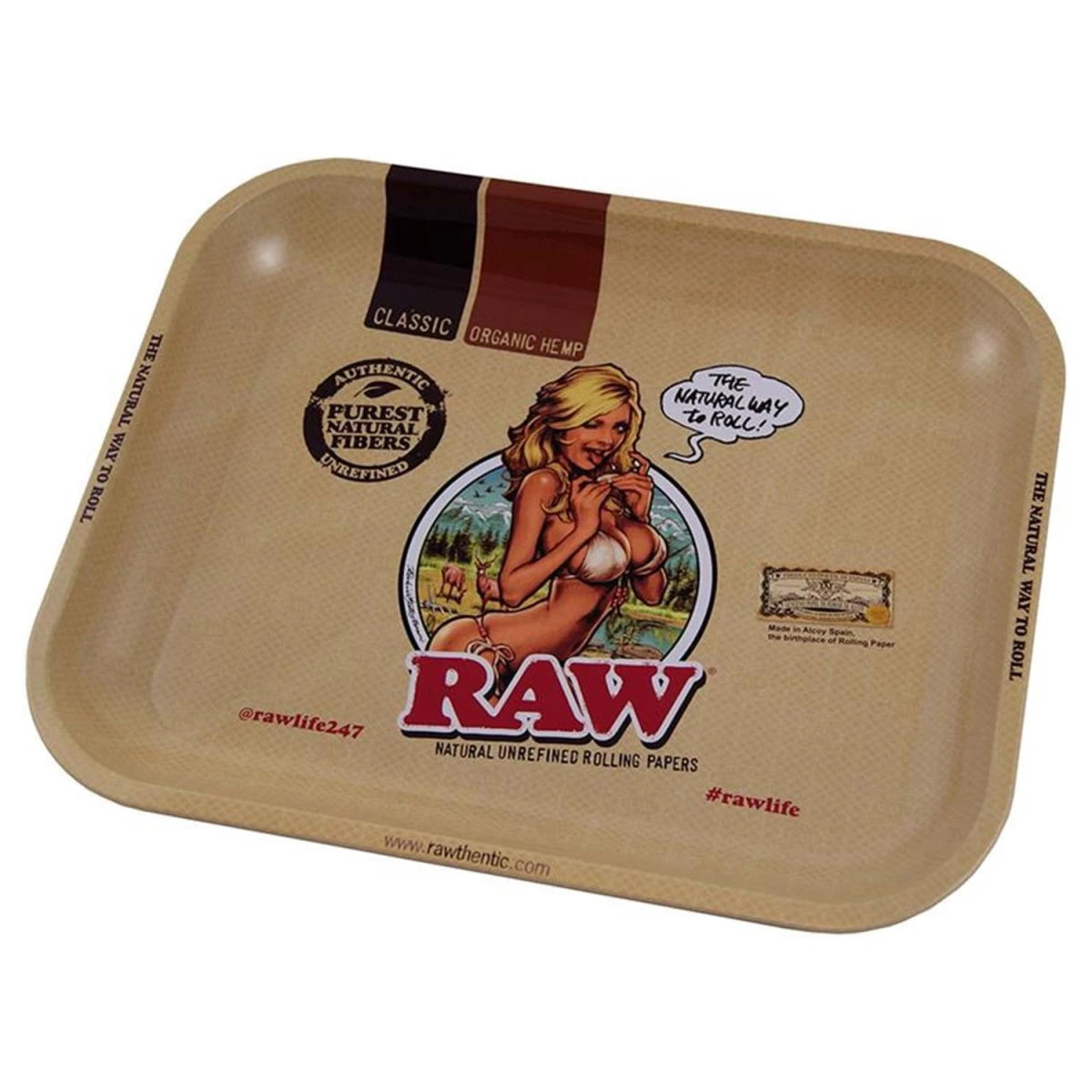 Large RAW Girl rolling tray measuring 34 x 27.5 cm, featuring vibrant graphics and a smooth surface for easy use.