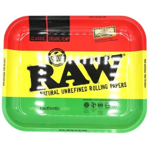 Large RAW Rasta rolling tray, 34 x 27.5 cm, featuring vibrant Rasta colors and intricate design for rolling and preparation.